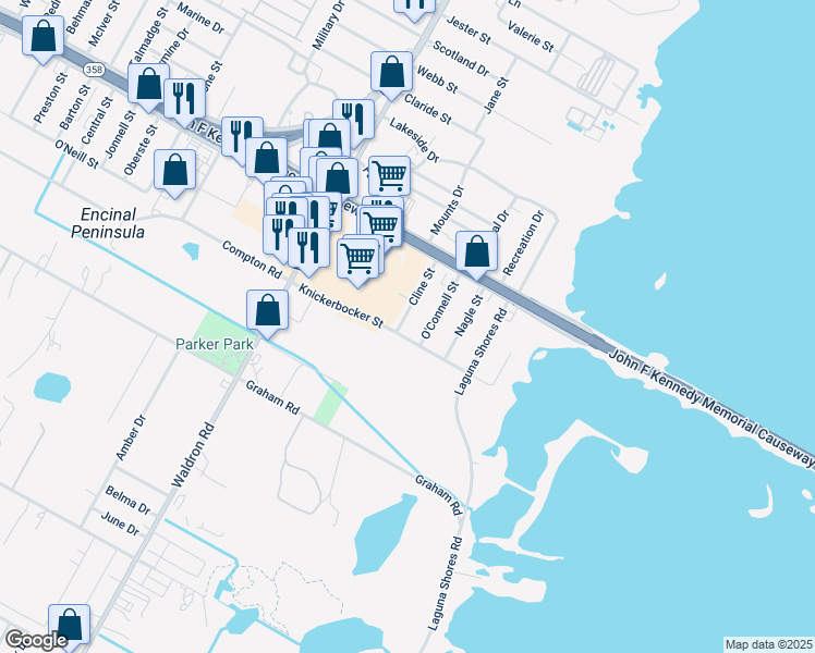 map of restaurants, bars, coffee shops, grocery stores, and more near 1213 Cline Street in Corpus Christi