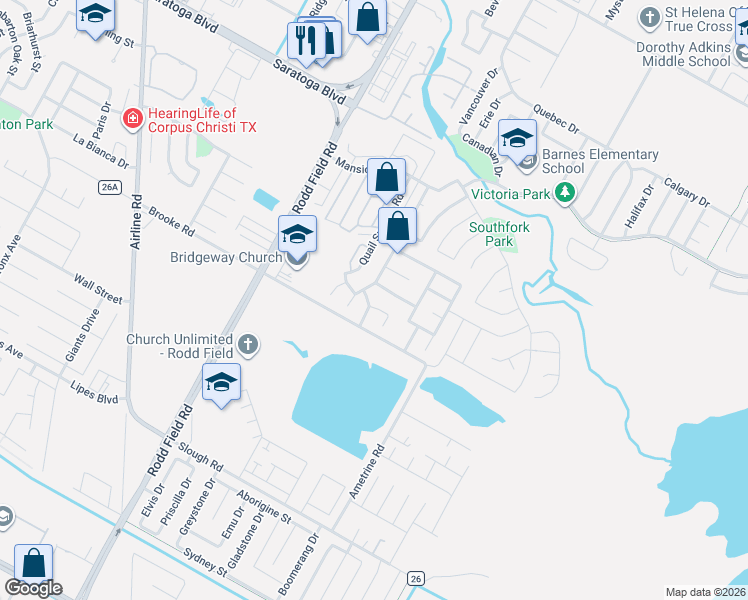 map of restaurants, bars, coffee shops, grocery stores, and more near 7401 Trail Creek Drive in Corpus Christi
