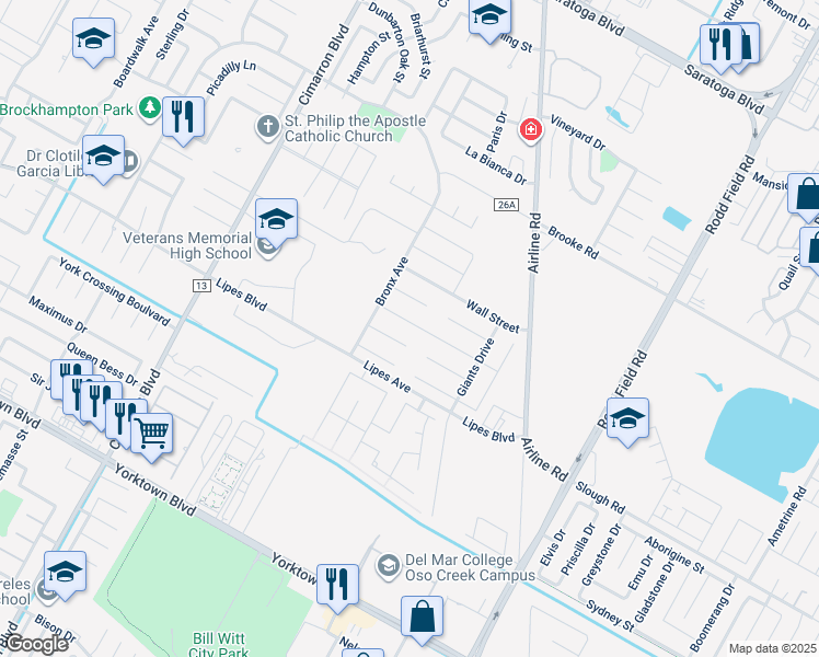 map of restaurants, bars, coffee shops, grocery stores, and more near 6730 Old Square Drive in Corpus Christi
