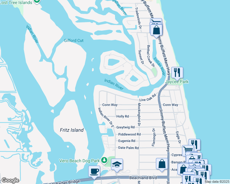 map of restaurants, bars, coffee shops, grocery stores, and more near 265 Live Oak Road in Vero Beach