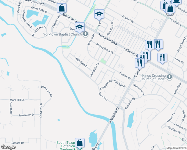 map of restaurants, bars, coffee shops, grocery stores, and more near 7738 Jim Wells Drive in Corpus Christi