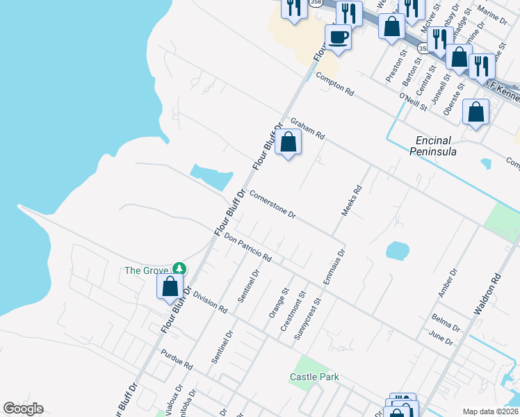 map of restaurants, bars, coffee shops, grocery stores, and more near 1217 Cornerstone Drive in Corpus Christi
