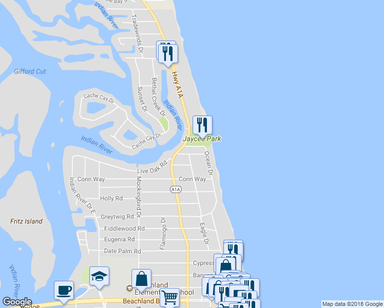 map of restaurants, bars, coffee shops, grocery stores, and more near 907 Live Oak Road in Vero Beach
