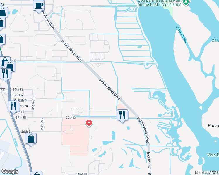 map of restaurants, bars, coffee shops, grocery stores, and more near 3854 Indian River Boulevard in Vero Beach