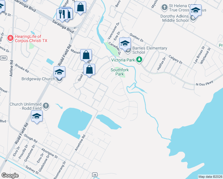 map of restaurants, bars, coffee shops, grocery stores, and more near 3033 Neches Drive in Corpus Christi