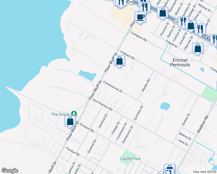 map of restaurants, bars, coffee shops, grocery stores, and more near 1217 Cornerstone Drive in Corpus Christi