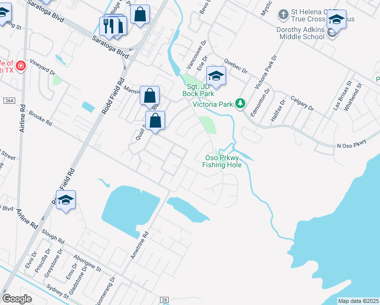 map of restaurants, bars, coffee shops, grocery stores, and more near 3033 Neches Drive in Corpus Christi