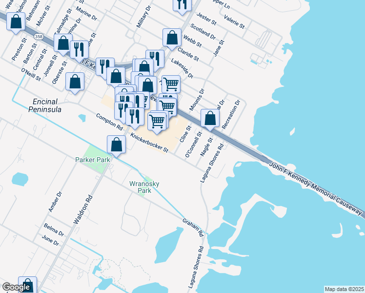 map of restaurants, bars, coffee shops, grocery stores, and more near 1213 Cline Street in Corpus Christi
