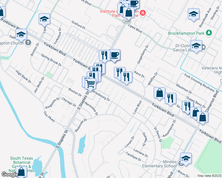 map of restaurants, bars, coffee shops, grocery stores, and more near 7521 Exeter in Corpus Christi