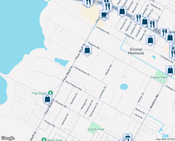 map of restaurants, bars, coffee shops, grocery stores, and more near 1202 Cornerstone Drive in Corpus Christi
