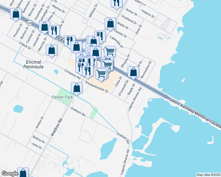 map of restaurants, bars, coffee shops, grocery stores, and more near 1213 Cline Street in Corpus Christi