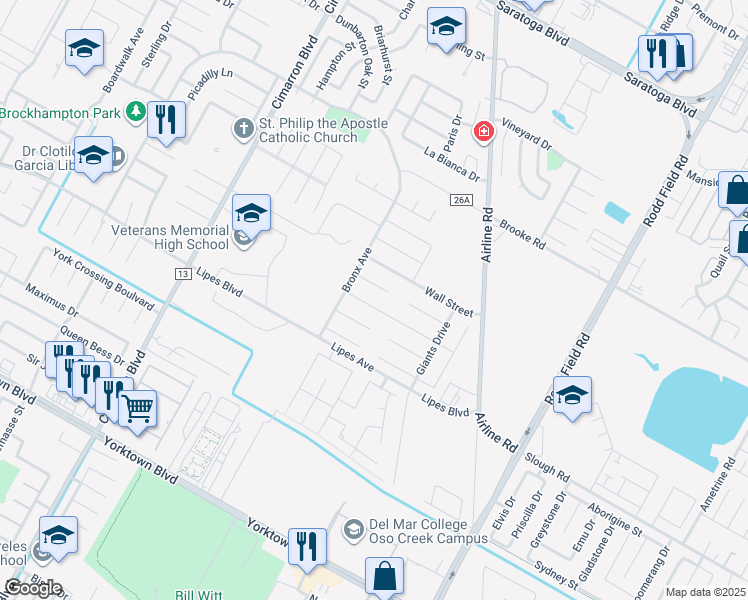 map of restaurants, bars, coffee shops, grocery stores, and more near 6730 Old Square Drive in Corpus Christi