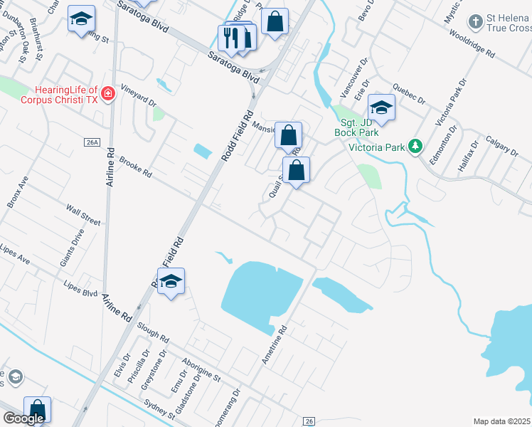 map of restaurants, bars, coffee shops, grocery stores, and more near 7305 Dove Springs Drive in Corpus Christi