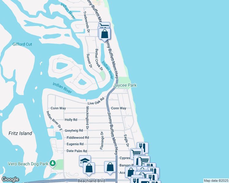 map of restaurants, bars, coffee shops, grocery stores, and more near 805 Live Oak Road in Vero Beach