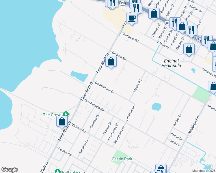 map of restaurants, bars, coffee shops, grocery stores, and more near 1202 Cornerstone Drive in Corpus Christi
