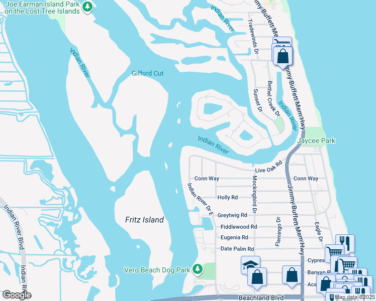 map of restaurants, bars, coffee shops, grocery stores, and more near 215 Live Oak Road in Vero Beach