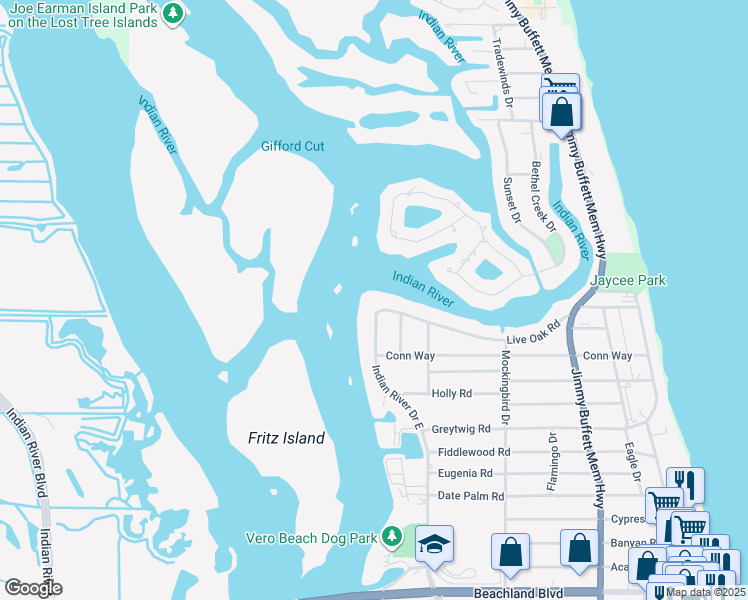map of restaurants, bars, coffee shops, grocery stores, and more near 215 Live Oak Road in Vero Beach