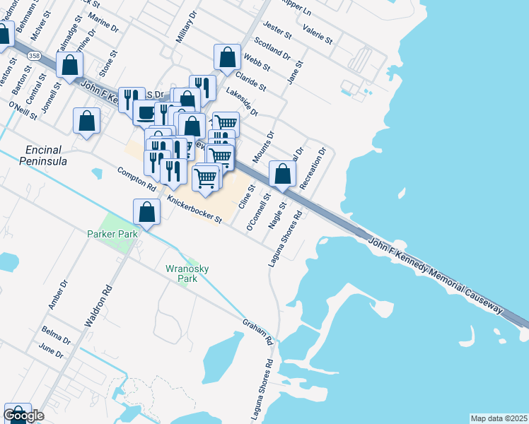 map of restaurants, bars, coffee shops, grocery stores, and more near 1133 O'Connell Street in Corpus Christi
