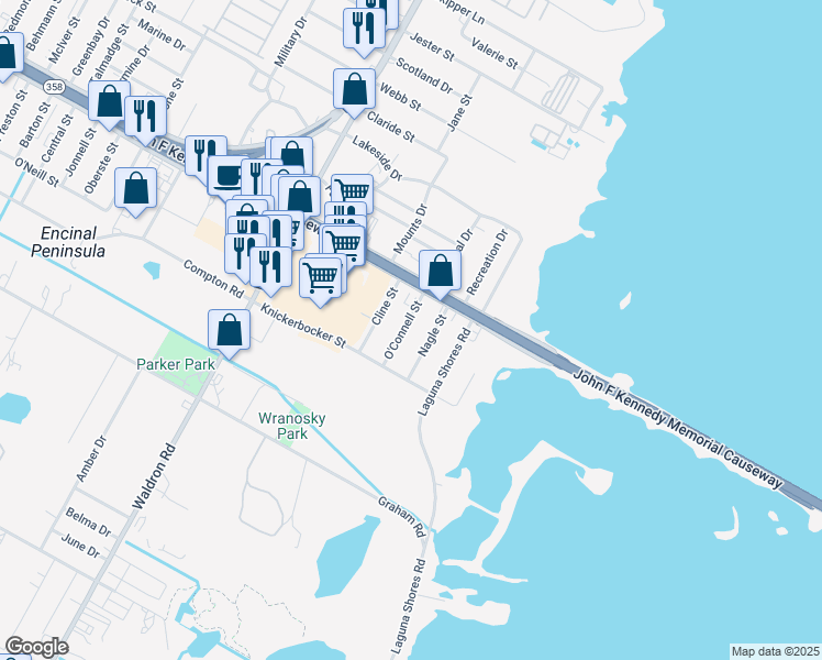 map of restaurants, bars, coffee shops, grocery stores, and more near 1133 O'Connell Street in Corpus Christi