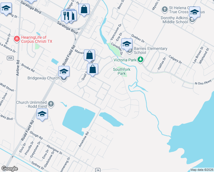 map of restaurants, bars, coffee shops, grocery stores, and more near 7521 Brush Creek Drive in Corpus Christi
