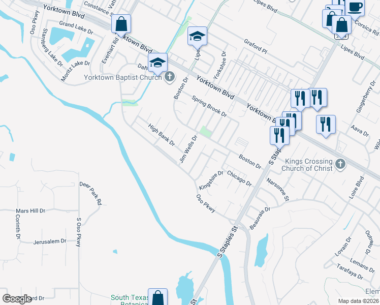 map of restaurants, bars, coffee shops, grocery stores, and more near 7738 Jim Wells Drive in Corpus Christi