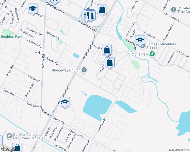 map of restaurants, bars, coffee shops, grocery stores, and more near 7305 Dove Springs Drive in Corpus Christi