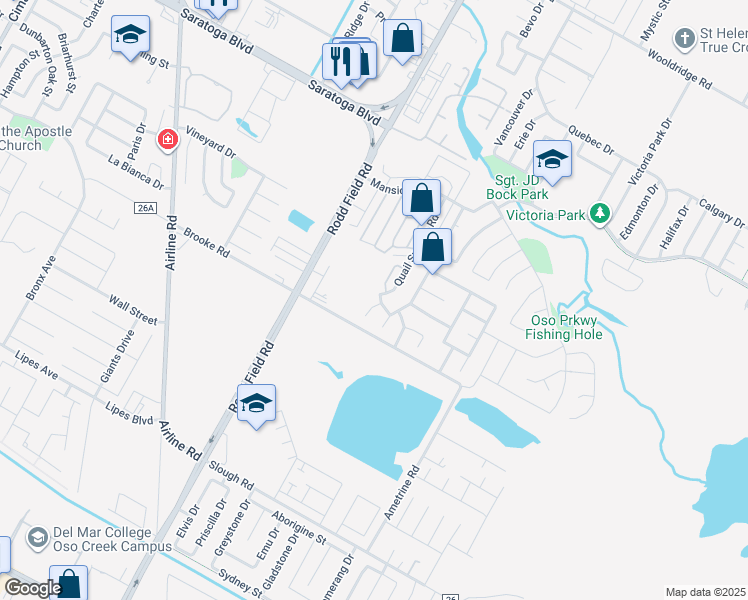 map of restaurants, bars, coffee shops, grocery stores, and more near 7305 Dove Springs Drive in Corpus Christi