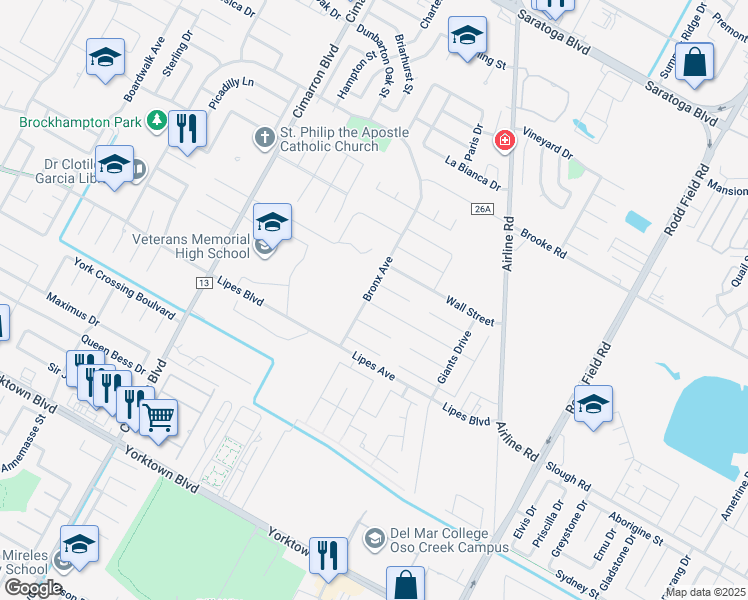 map of restaurants, bars, coffee shops, grocery stores, and more near 6706 Old Square Drive in Corpus Christi