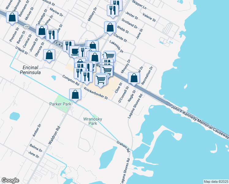 map of restaurants, bars, coffee shops, grocery stores, and more near 1213 Cline Street in Corpus Christi