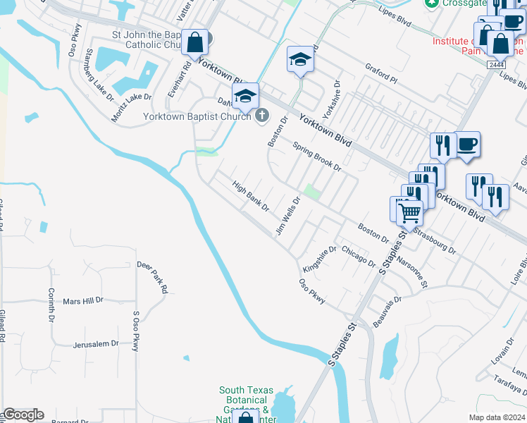map of restaurants, bars, coffee shops, grocery stores, and more near 5305 High Bank Drive in Corpus Christi