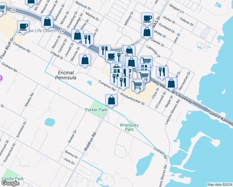 map of restaurants, bars, coffee shops, grocery stores, and more near 10241 South Padre Island Drive in Corpus Christi