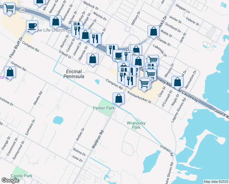 map of restaurants, bars, coffee shops, grocery stores, and more near 1245 Waldron Road in Corpus Christi