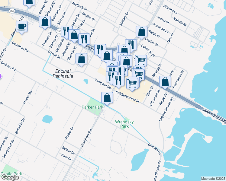 map of restaurants, bars, coffee shops, grocery stores, and more near 10241 South Padre Island Drive in Corpus Christi