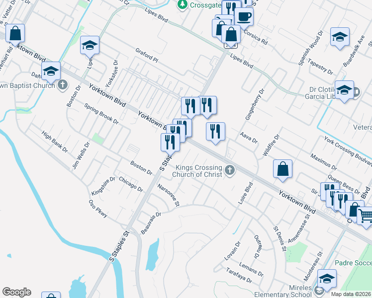 map of restaurants, bars, coffee shops, grocery stores, and more near 7505 Bon Soir Drive in Corpus Christi