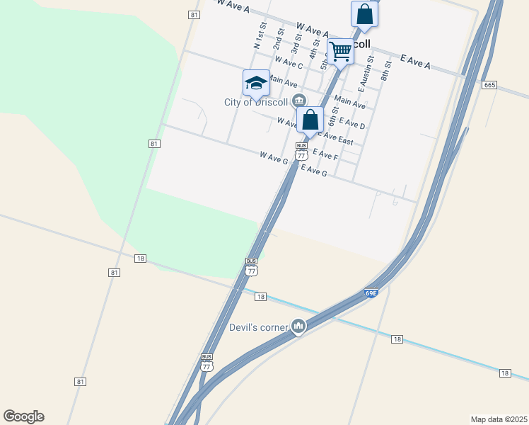 map of restaurants, bars, coffee shops, grocery stores, and more near in Driscoll