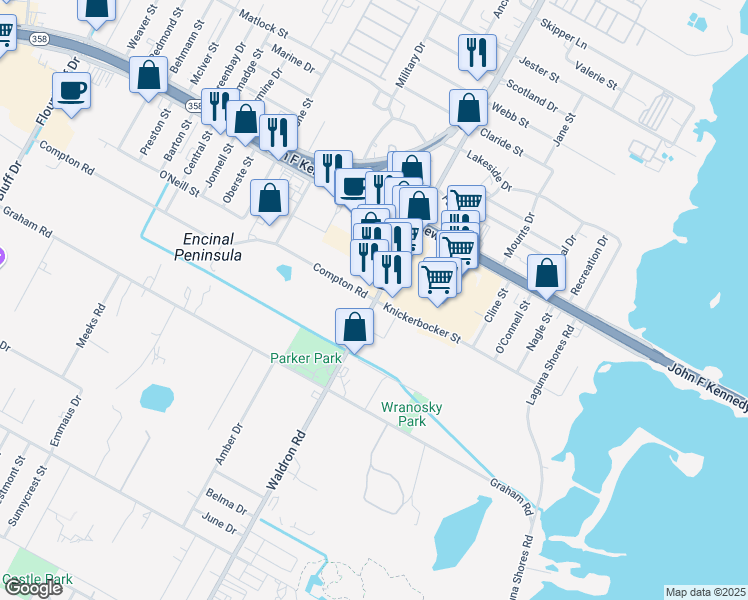 map of restaurants, bars, coffee shops, grocery stores, and more near 10241 South Padre Island Drive in Corpus Christi