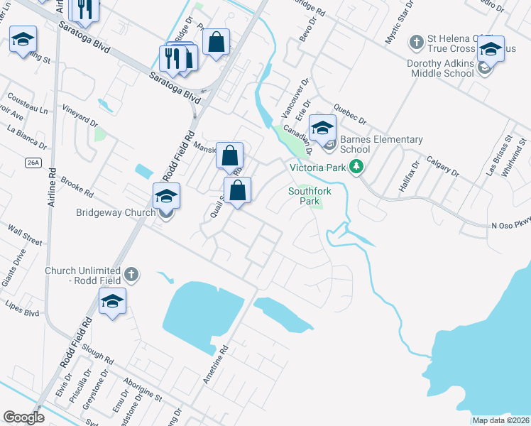 map of restaurants, bars, coffee shops, grocery stores, and more near 3042 Chapel Creek Drive in Corpus Christi