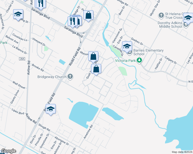 map of restaurants, bars, coffee shops, grocery stores, and more near 3070 Twin Creek Drive in Corpus Christi