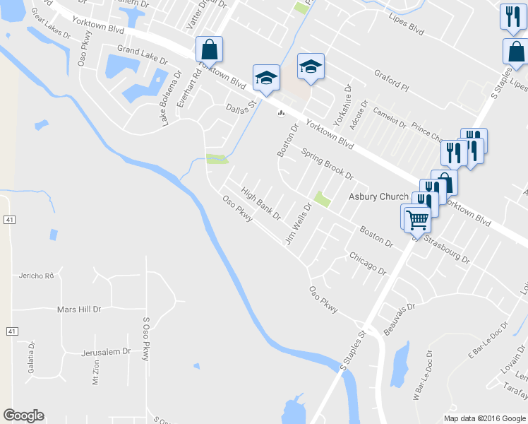 map of restaurants, bars, coffee shops, grocery stores, and more near 5201 High Bank Drive in Corpus Christi