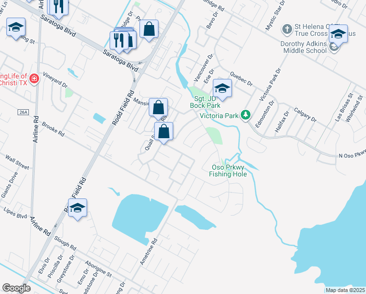 map of restaurants, bars, coffee shops, grocery stores, and more near 3042 Chapel Creek Drive in Corpus Christi