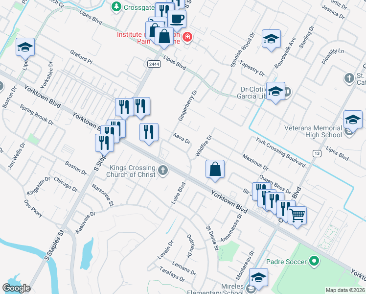 map of restaurants, bars, coffee shops, grocery stores, and more near 5838 Aava in Corpus Christi