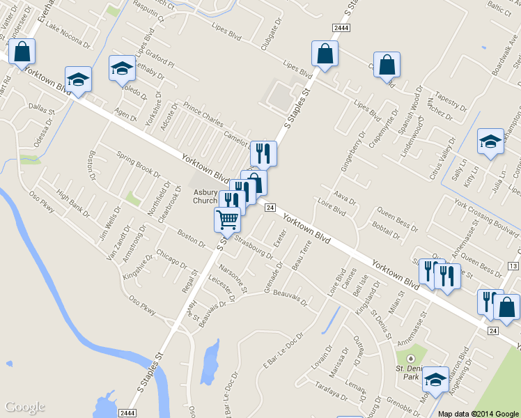 map of restaurants, bars, coffee shops, grocery stores, and more near 7505 Bon Soir Drive in Corpus Christi