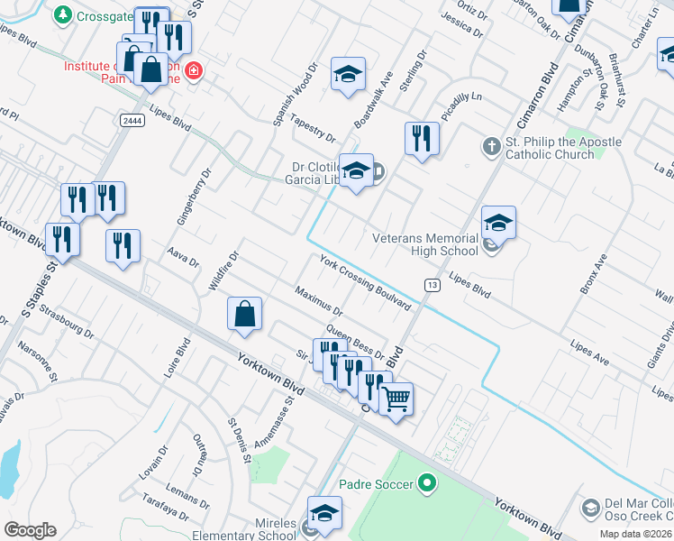 map of restaurants, bars, coffee shops, grocery stores, and more near 3901 Accrington Court in Corpus Christi