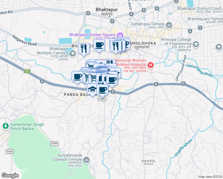 map of restaurants, bars, coffee shops, grocery stores, and more near Araniko Highway in Bhaktapur