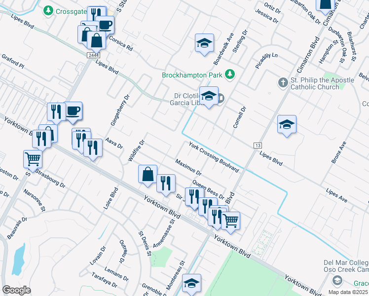 map of restaurants, bars, coffee shops, grocery stores, and more near 3910 Keighley Crossing in Corpus Christi