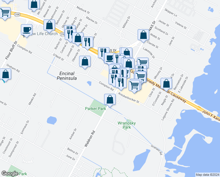 map of restaurants, bars, coffee shops, grocery stores, and more near 1245 Waldron Road in Corpus Christi