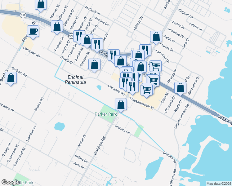 map of restaurants, bars, coffee shops, grocery stores, and more near 1245 Waldron Road in Corpus Christi