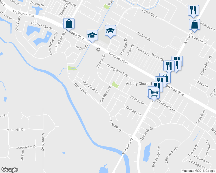 map of restaurants, bars, coffee shops, grocery stores, and more near 7705 Jim Wells Drive in Corpus Christi