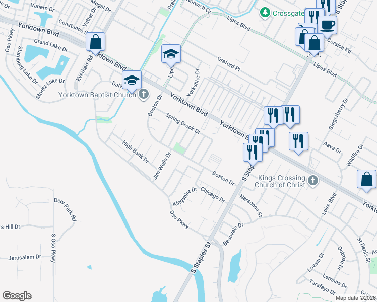 map of restaurants, bars, coffee shops, grocery stores, and more near 7653 Stony Brook Drive in Corpus Christi