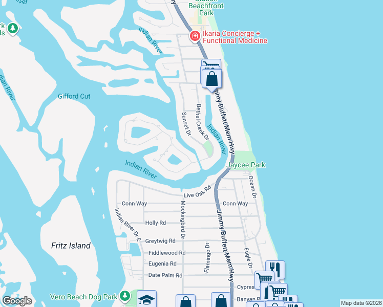 map of restaurants, bars, coffee shops, grocery stores, and more near 3 Cache Cay Drive in Vero Beach